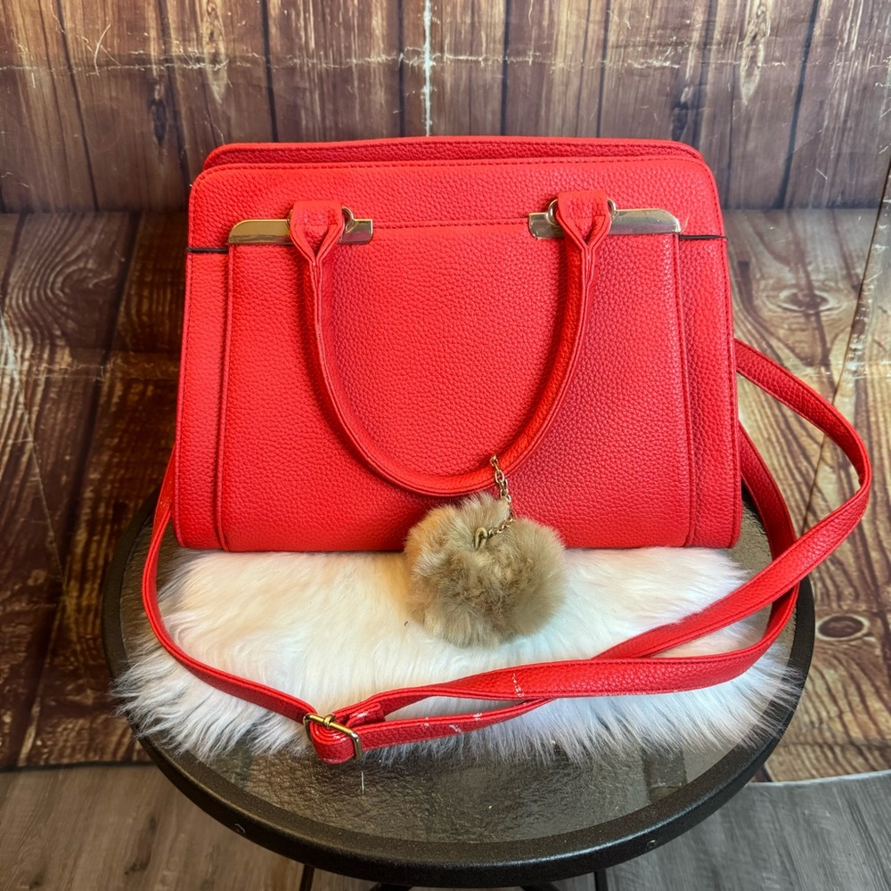 Red Textured Faux Leather Structured Handbag with Top Handle and Crossbody Strap